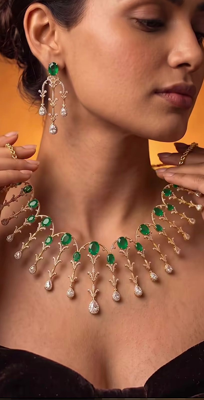 Model wearing statement earrings